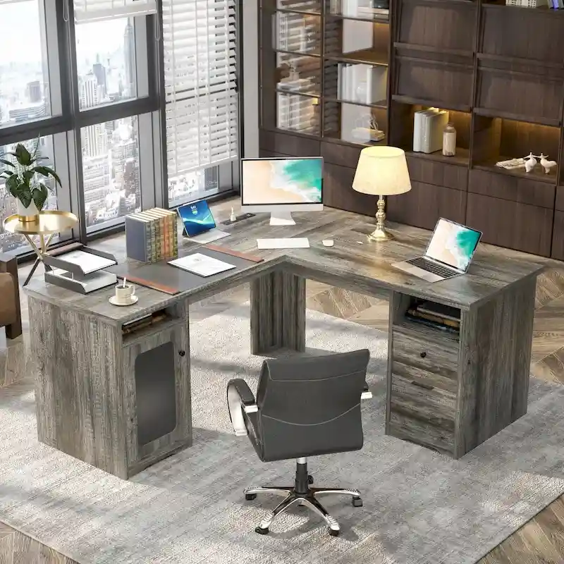 Modern Farmhouse L-Shape Desk with File Cabinet and Drawers,Executive Desk with Charge Station