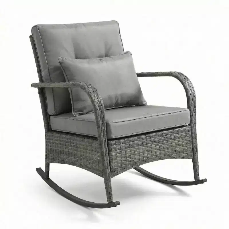 Outdoor Rocking Chair, Patio Rattan Rocker Chair with Cushions & Steel Frame for Garden, Porch, Backyard, Poolside