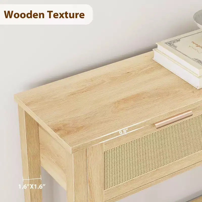 Bohemian style rattan double-drawer side table with double-layer wooden storage shelf  entryway/foyer decorative furniture, natural wood color.