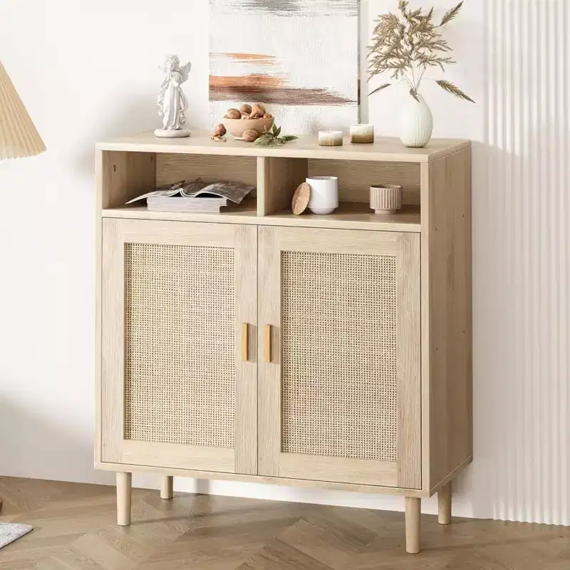 Sideboard Buffet Storage Cabinet, Rattan Kitchen Cabinet with 2 Doors/Shelf for Dining Living Room Entry Hallway Coffee Bar