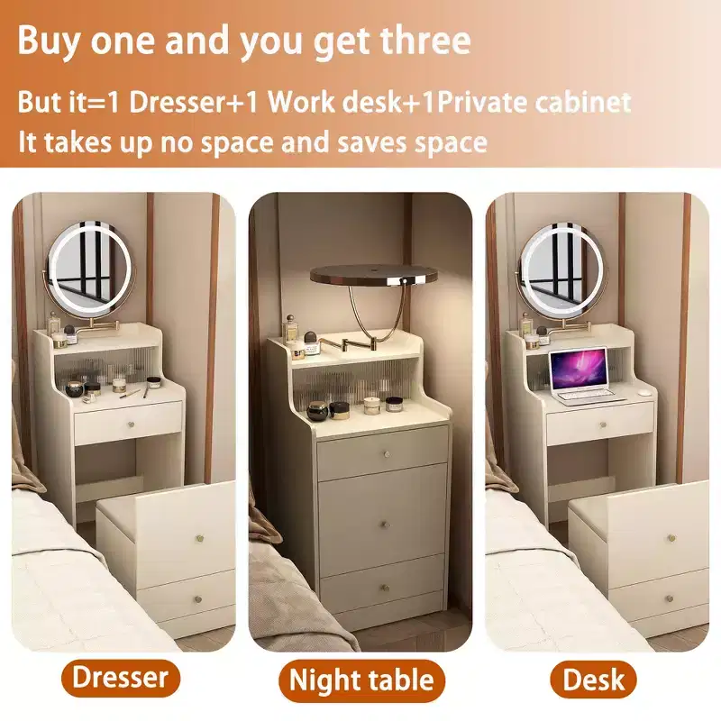 3 In 1 Vanity Desk WithTouch Makeup Mirror, Nightstand, & Dresser Combo with Charging Station, Hidden Storage Bench & Cushioned Stool