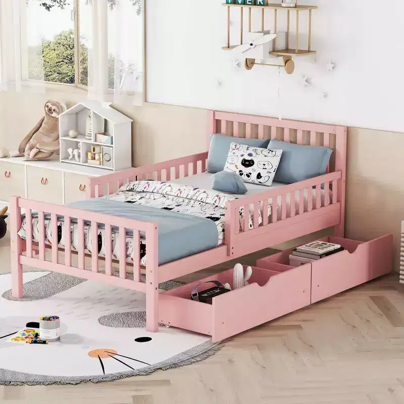 MAYEERTY Twin Size Wood Platform Bed with Guardrails on Both Sides and Two Storage Drawers Pink
