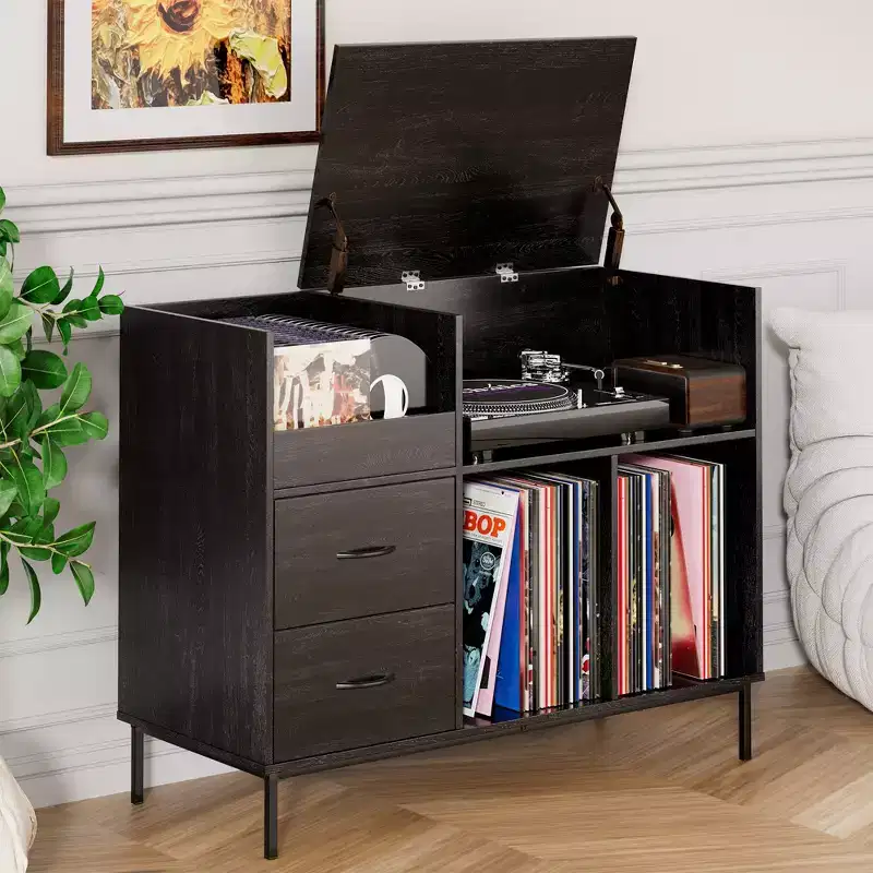 Eco-Friendly Flip-Top Turntable Stand, Wooden Vinyl Record Storage Cabinet with Dual-Socket Power Strip, Black