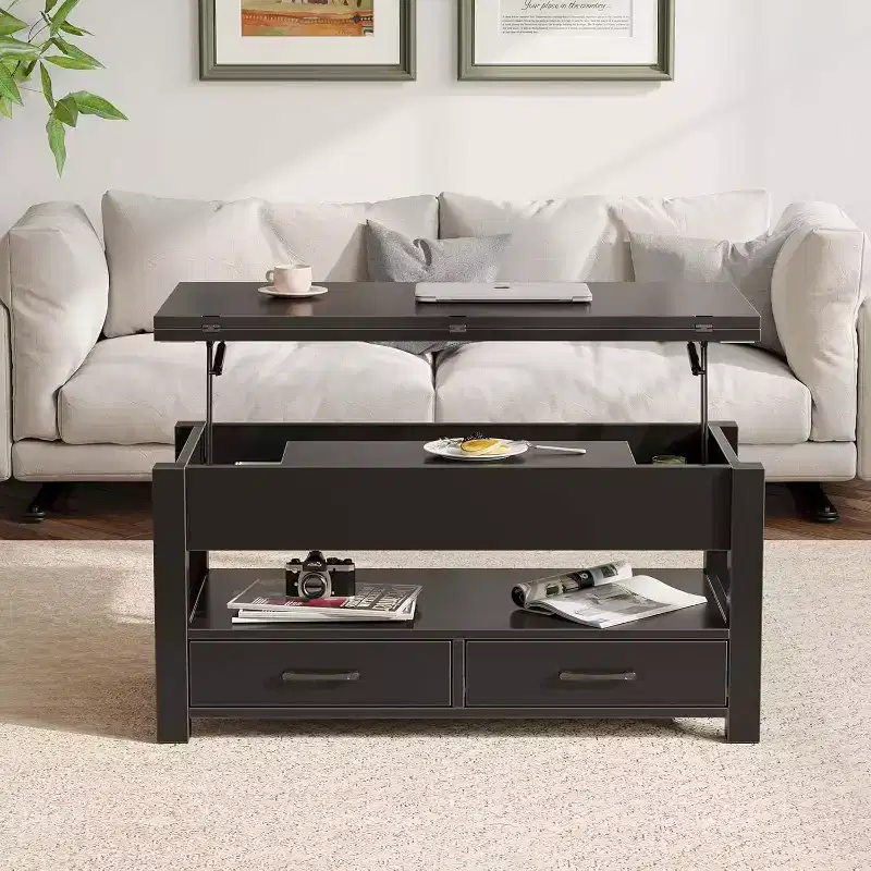 Lift-Top Coffee Table with Adjustable Height  Modern Wooden Center Table with 2 Storage Drawers & Hidden Compartment  Walnut Brown or Black