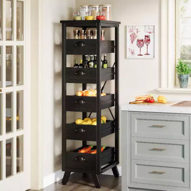 Lantine Black Wood Fruit and Vegetable Storage Rack, 5-Tier Narrow Snack Stand Kitchen Stand Fruit Basket, Pull-Out Utility Organizer for Living Room