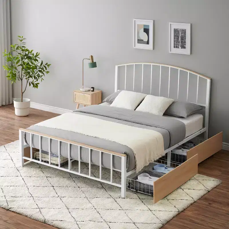 Full/Queen Metal Platform Bed Frame with Headboard and Storage