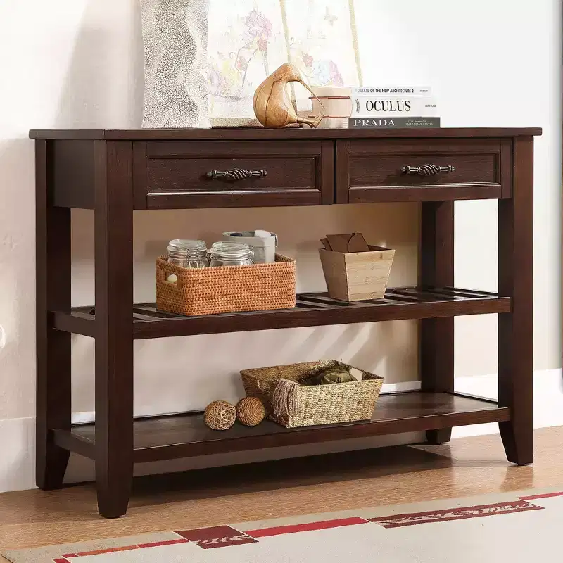 Whisen Mid-Century Style Console Table with Two Storage Drawers and Two Tiers Shelves