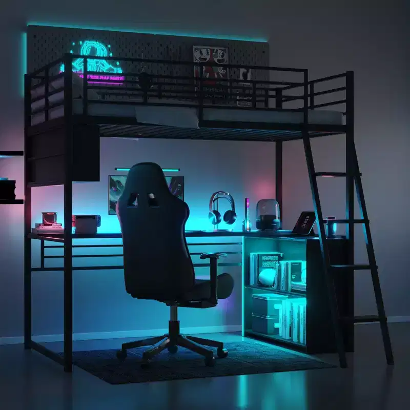GDFStudio Kelly Metal Loft Bed with LED, Desk and 4 Storage Shelves
