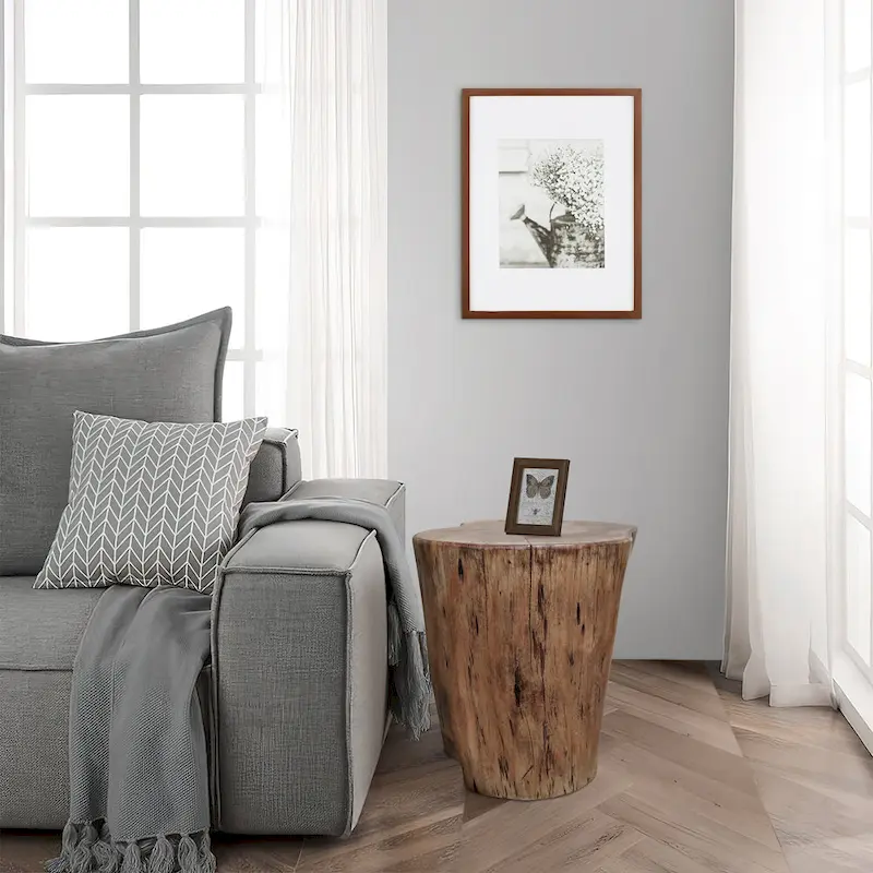 17 Inch Accent Stump Stool End Table, Live Edge Acacia Wood Log with Grain and Knot Details, Natural Brown