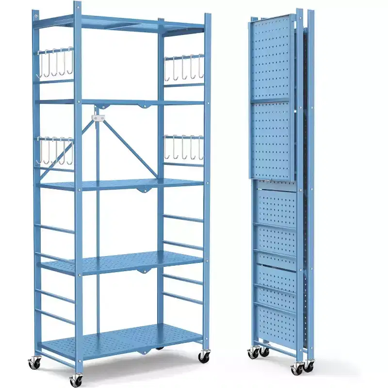 5-Tier Folding Shelf - 5 Second Setup, 440 lb Capacity, 20 Hooks & Wheels, Space-Saving