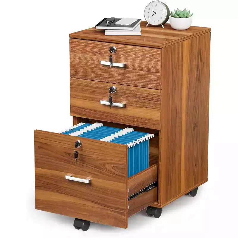 3-Drawer File Cabinet with Lock, Wood Rolling Filing Cabinet for Home Office, Mobile Printer Stand, Under Desk File Organizer