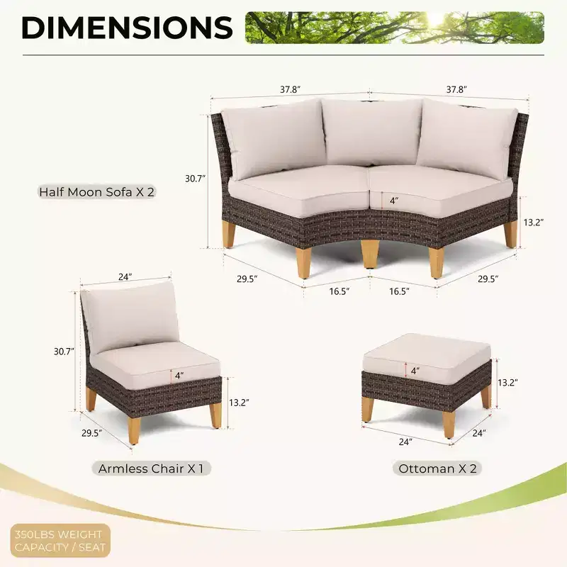 Captiva Designs 7pc Outdoor Wicker Rattan Patio Half-Moon Curved Sectional Sofa Set with Cushioned Ottoman