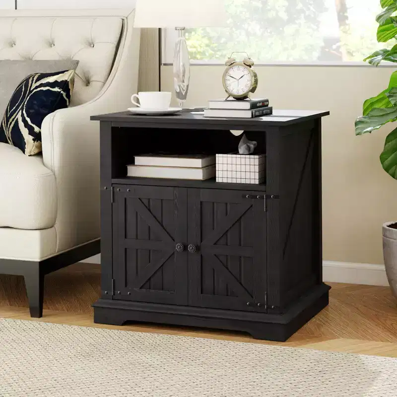 MUUEGM 24 Farmhouse End Table| Wood Rustic Nightstand Bedside Table with Charging Station and Barn Door