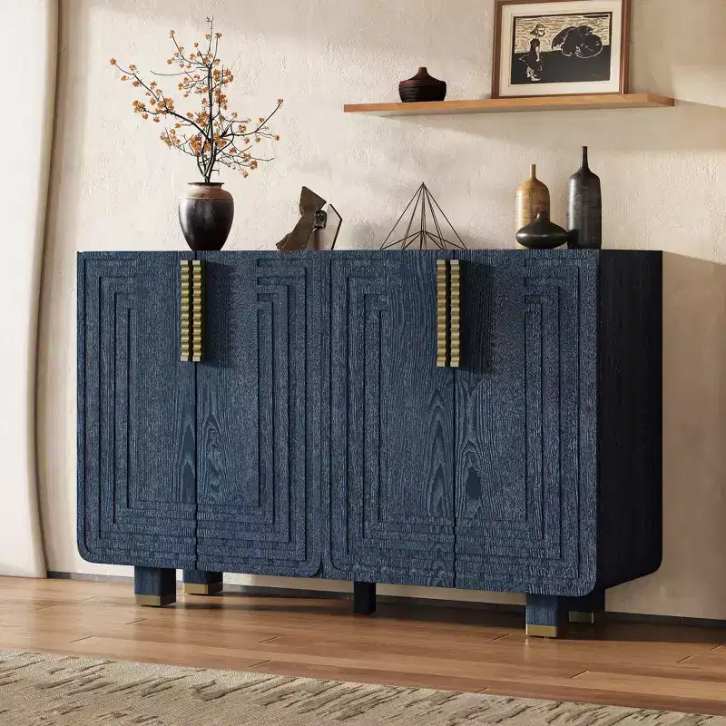 4-Door Vintage Storage Cabinet Retro Sideboard Wood Buffet Cabinet Accent Cabinet with Adjustable Shelves, Antique Navy/Black