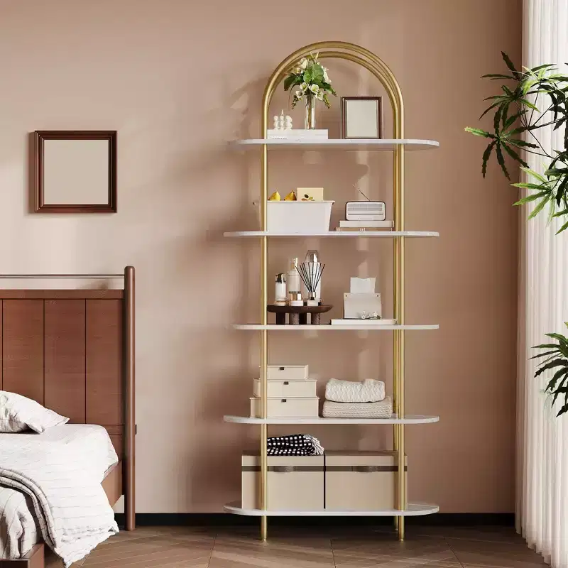 5-Tier Bookshelf, 71 Inch Tall Arched Bookcase, Metal Frame, Freestanding Display Rack, for Bedroom, Living Room, Gold & White