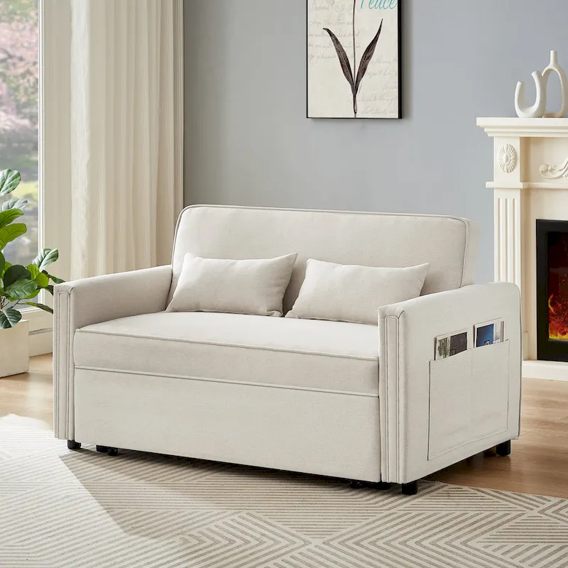Modern Linen Convertible Loveseat Sleeper Sofa Couch with Adjustable Backrest, Pull-Out Bed and 2 Lumbar Pillows