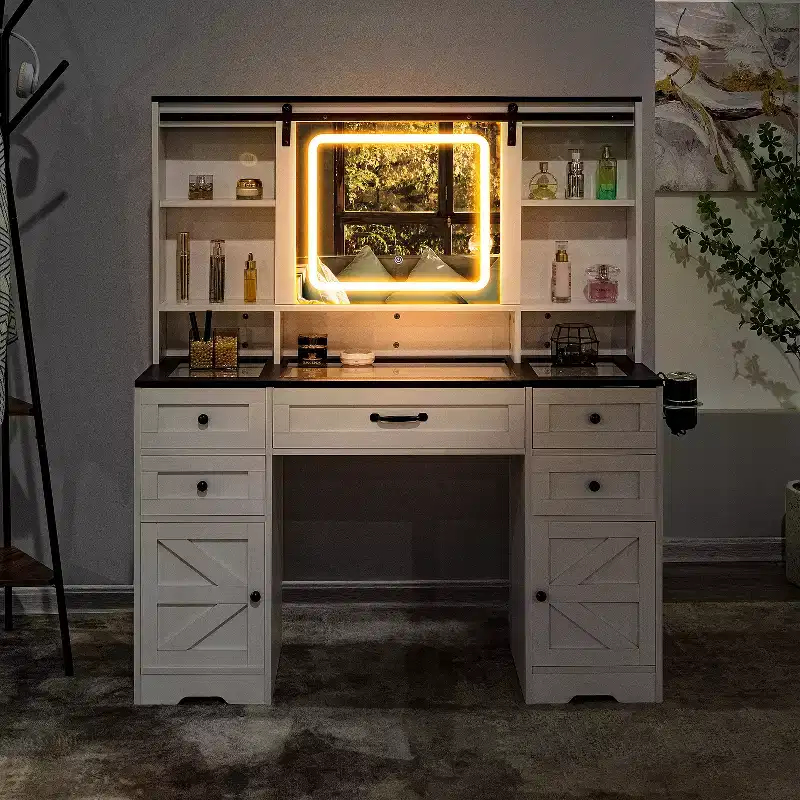 Home Imports Emporium Vanity Desk with Adjustable Sliding Mirror and Lights in White