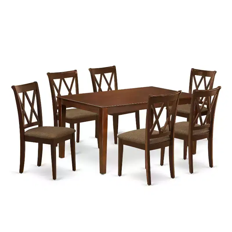 HomeStock 7-Piece Rectangle Mahogany Finish Solid Wood Top Dining Table with 6-Chairs with Cross Back