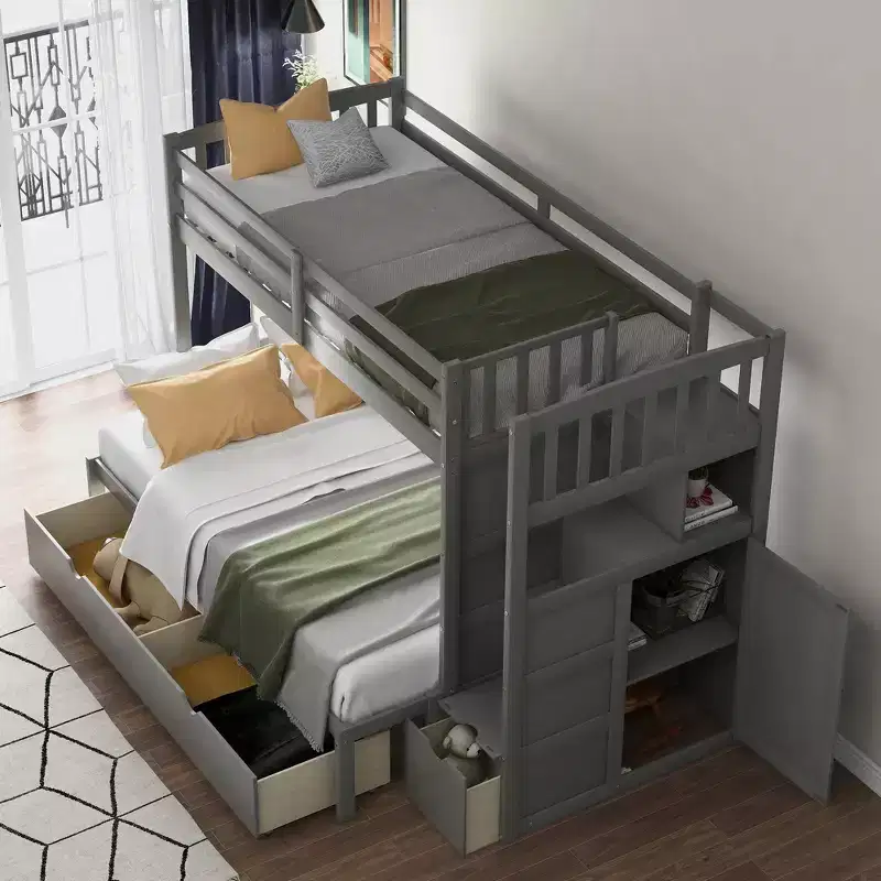 Whisen Twin over Full / Twin Bunk Bed, Convertible Bottom Bed, Storage Shelves and Drawers