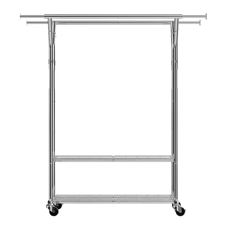 Rolling Clothing Garment Rack with 2 Hanging Rods and 2 Storage Shelves - Silver