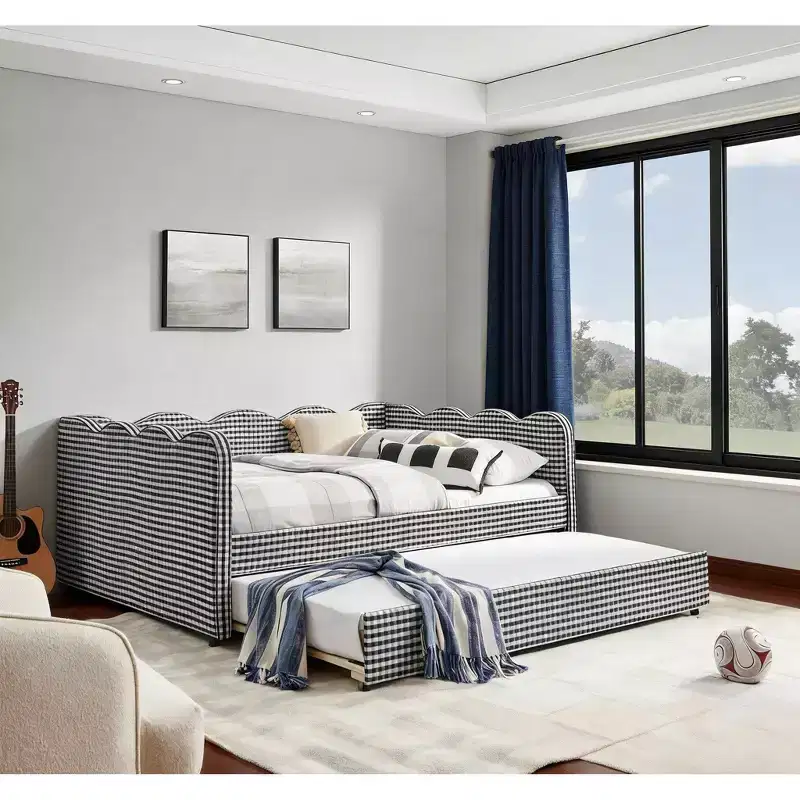 Bellemave Full Size Gingham Daybed with USB Port & Pull-Out Trundle, Wave Shaped Bed Frame for Bedroom and Living Room.