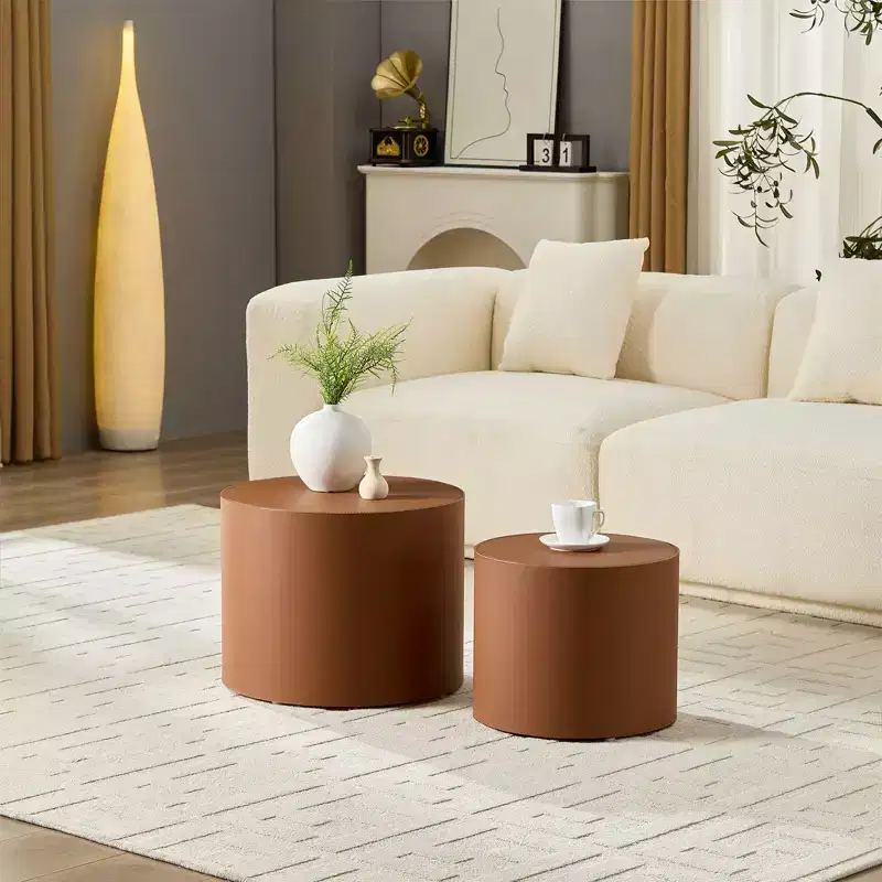 GDFStudio Ediva Modern 2 Piece Saddle Leather and Wood Accent Table Set