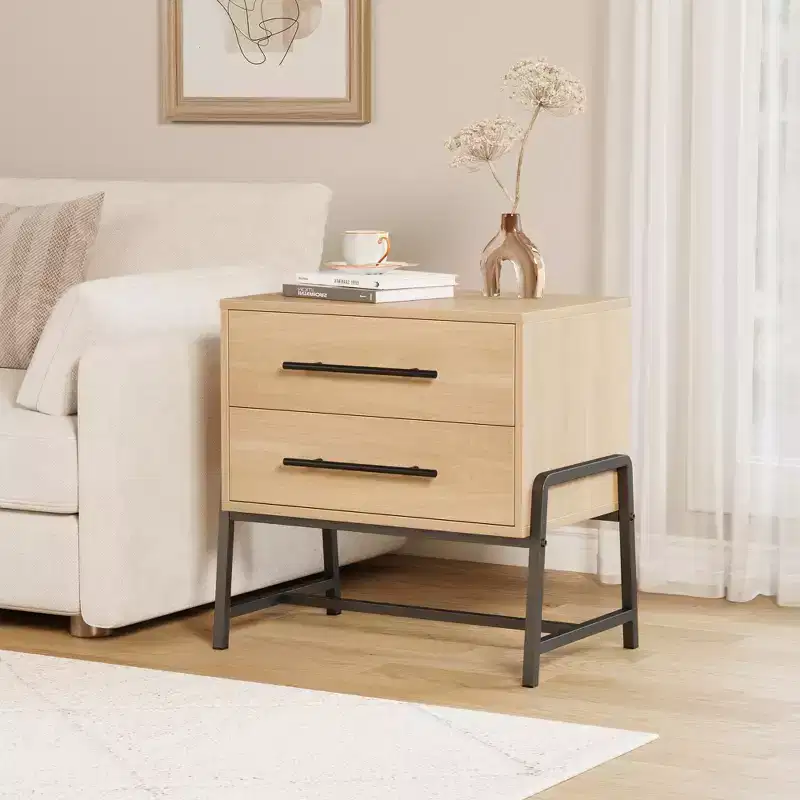 Nightstand with Drawers, Wood Bedside Table, Side Table with Metal Legs, Modern Night Stand, Bed Side Tables for Bedroom Living Room