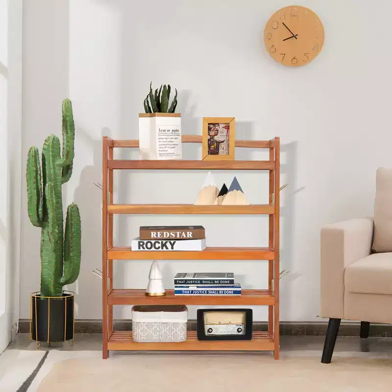 Costway 5-Tier Wood Shoe Rack Solid Acacia Wood Shoe Shelf with Side Metal Hooks