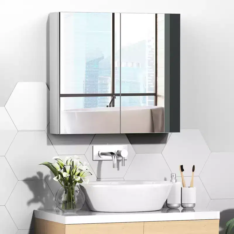 kleankin Bathroom Mirrored Cabinet, 24x22 Steel Frame Medicine Cabinet, Wall-Mounted Storage Organizer with Double Doors