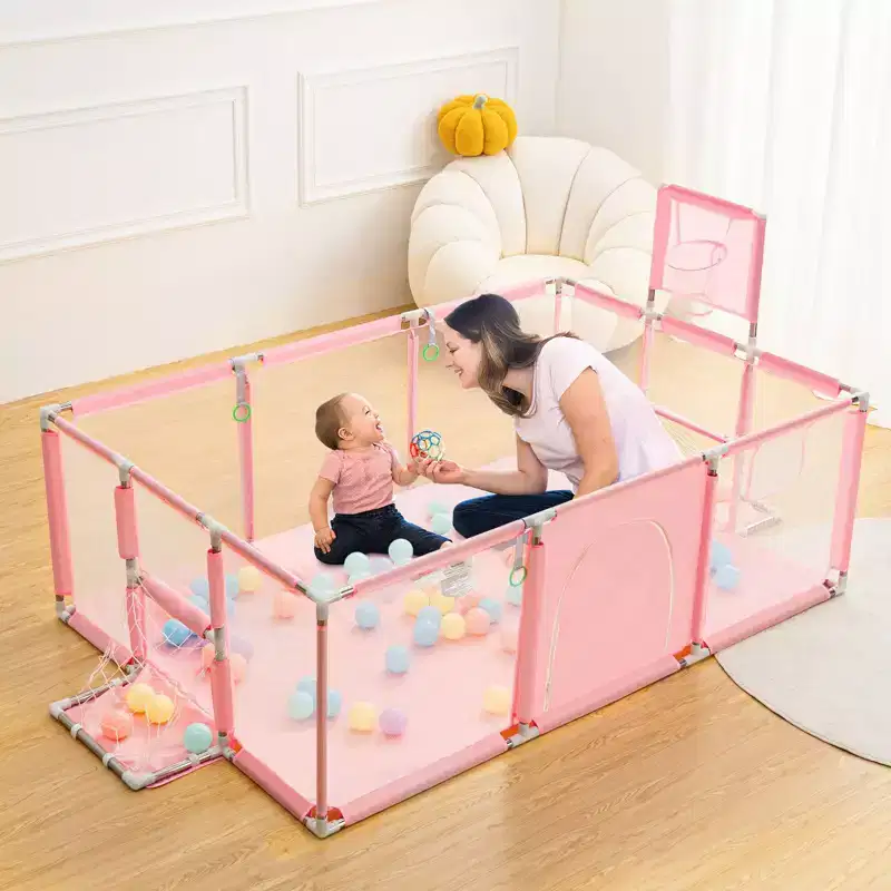 GOTGELIF 71x48 4-Panel Baby Playpen Portable Playard with Basketball Hoop