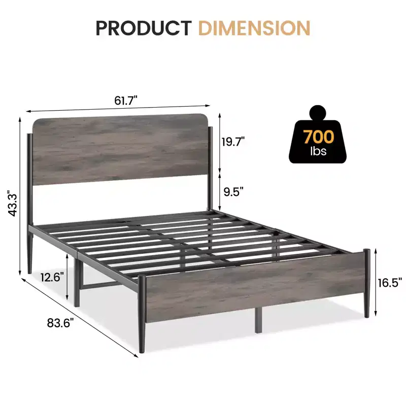 Queen Metal Bed Frame, Curved Wooden Headboard, Under Bed Storage, Steel Slats Support, No Box Spring Needed