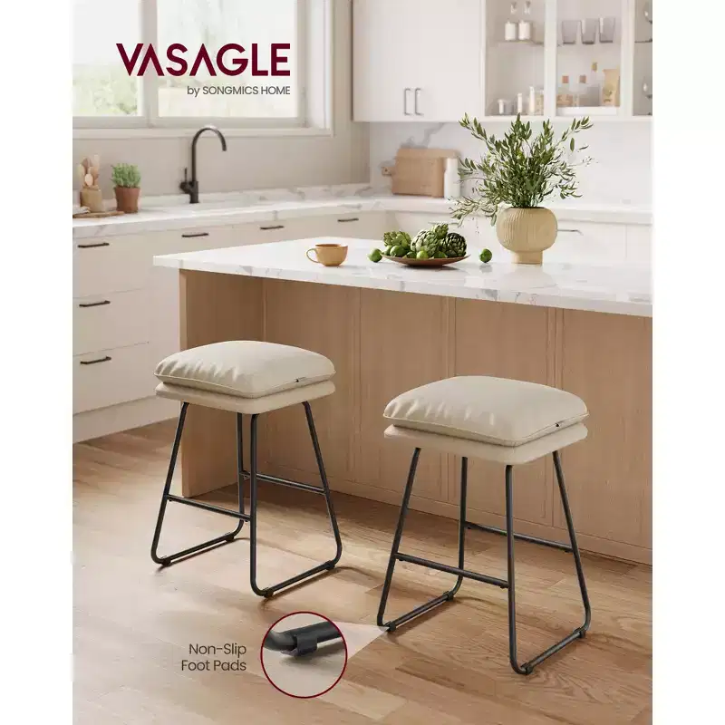 Set of 2 Modern Counter Height Bar Stools, Faux Leather Upholstery with Soft Cushion & Metal Sled Base, 25.6 Inch
