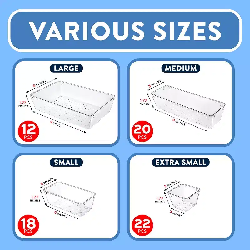 Plastic Drawer Organizers Set,Pack of 72 Colour:Clear