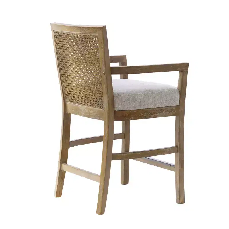 Cane Back Counter Height Barstool – Cream Seat, Reclaimed Wood Frame