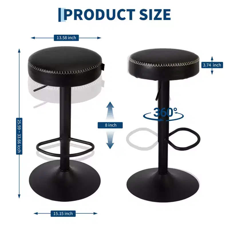 Modern Adjustable Bar Stools Set of 2, 360 Swivel Counter Height Chairs, Sturdy Metal Frame, Easy-to-Clean Seating, for Kitchen Island, Home