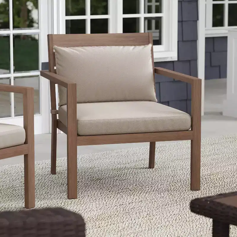 Martha Stewart Bedford Set of 2 Indoor-Outdoor Patio Accent Chairs with Brushed Woodgrain Aluminum Finish and All-Weather Seat and Lumbar Cushions
