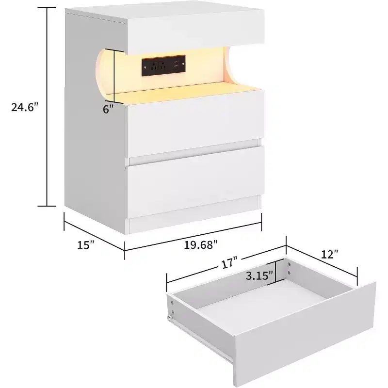 Comodino Bianco con Luce LED e Stazione di Ricarica - Comodino a 3 Cassetti con Porte USB