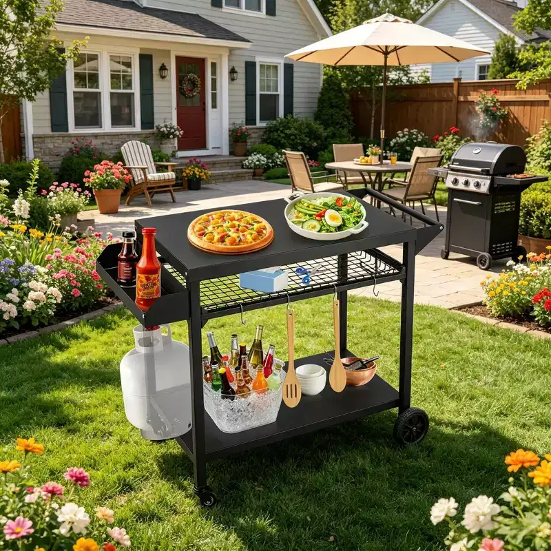 Outdoor Grill Cart with Lockable Wheels, Storage Tray, Side Handle for Patio, Backyard, Camping