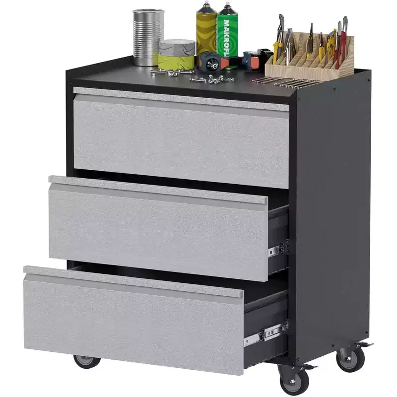 Acekool Heavy Duty Metal Tool Cart with 3 Drawers, Rolling Toolbox Storage Cabinet on Wheels for Garage, Workshop, Warehouse, Gray