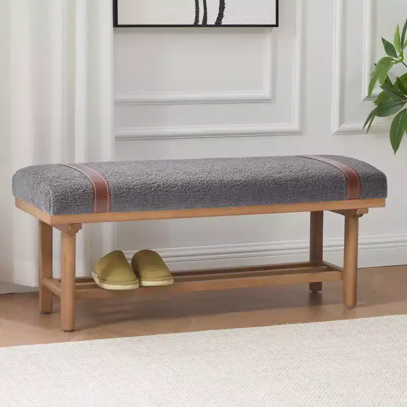 Bekrvio 44-Inch Teddy Fleece Upholstered Bench  Solid Wood Frame,Mid Century Modern Bench with PU Straps for Living Room, Bedroom
