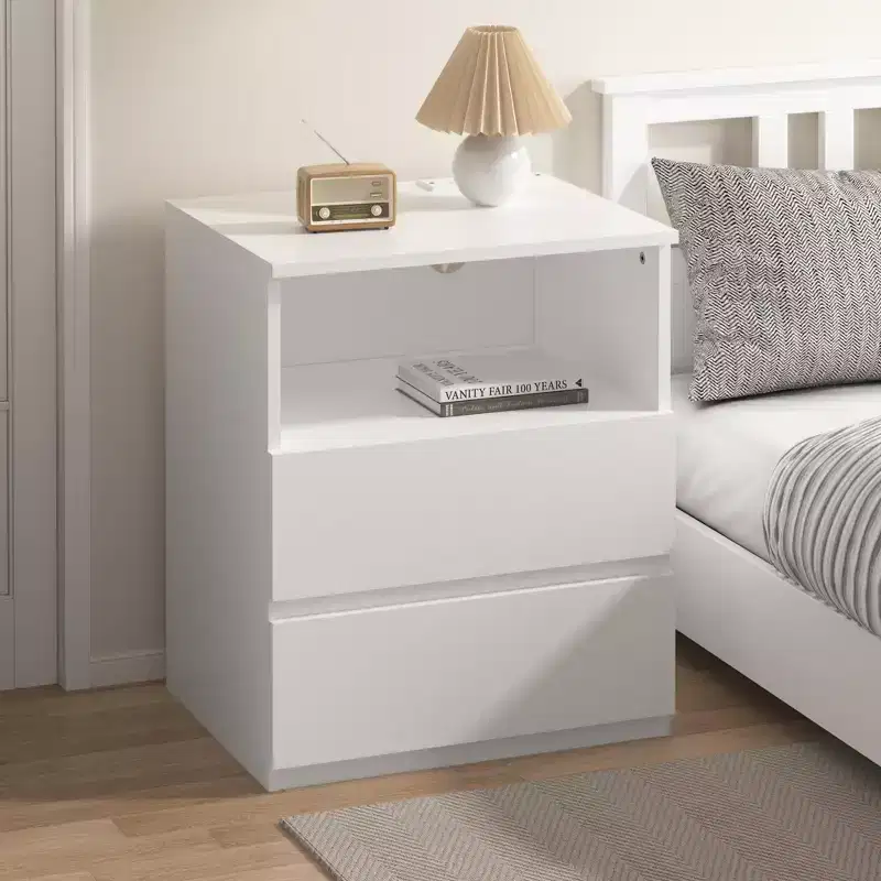 End Table with Fast USB c Charging Station, 2-Drawer Sofa Side Table with Large Storage, Modern White Particle Board Nightstand