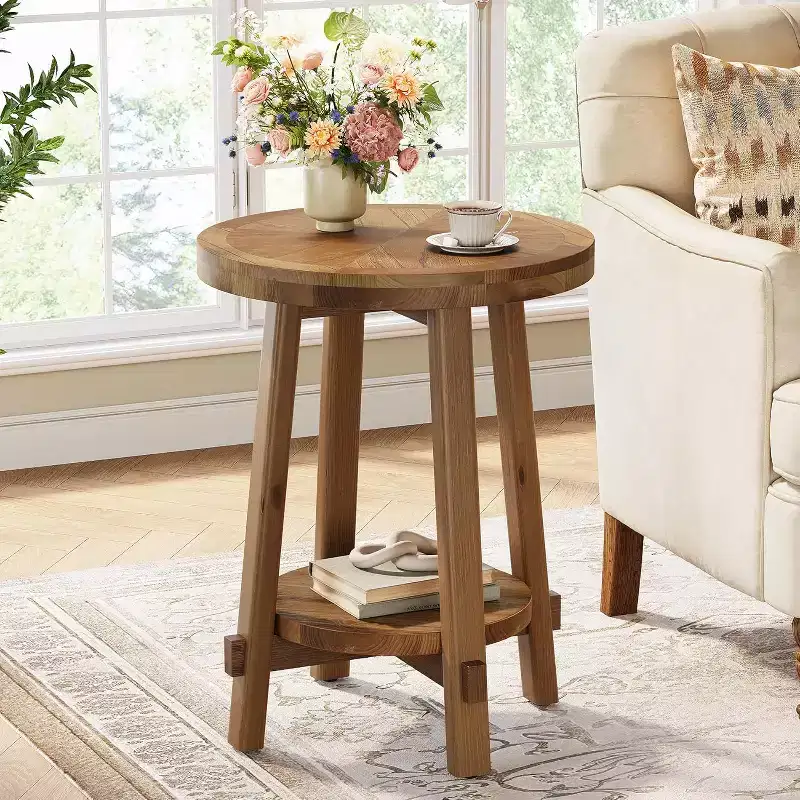 Solid Wood Round Side Table, 2-Tier Farmhouse End Table for Small Spaces, Brown