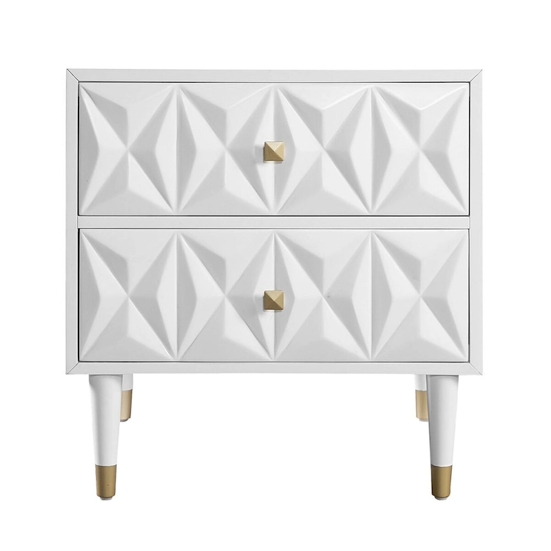 27 White Geometric Patterned Two Drawer Nightstand
