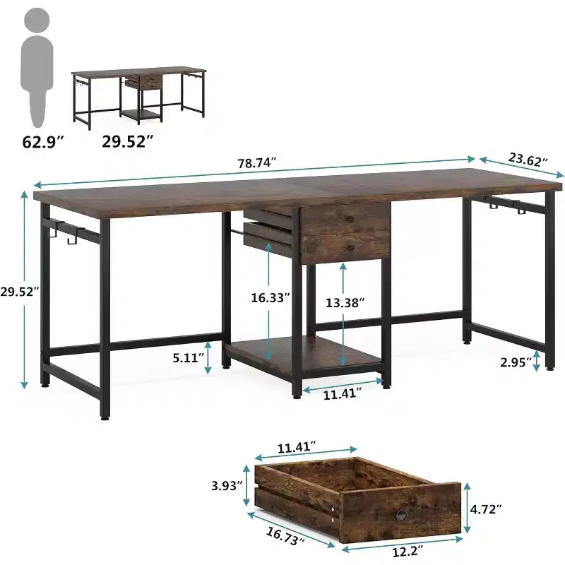 Lantine 79-Inch Two Person Desk, Double Desk with 2 Drawers and Storage Shelves, Large Computer Desk for Home Office, Rustic Brown
