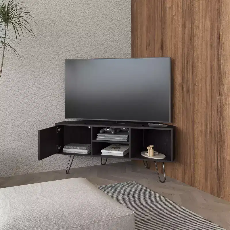 JVNOXK 65 Inch Modern TV Stand with Doors and Open Storage Space, Scratch-Resistant Surface, Equipped with Elegant Hairpin Legs, Brown