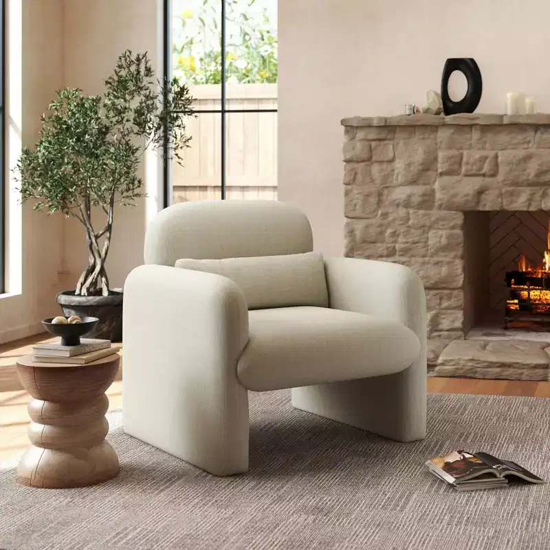 Modern Upholstered Barrel Armchair, Cream White