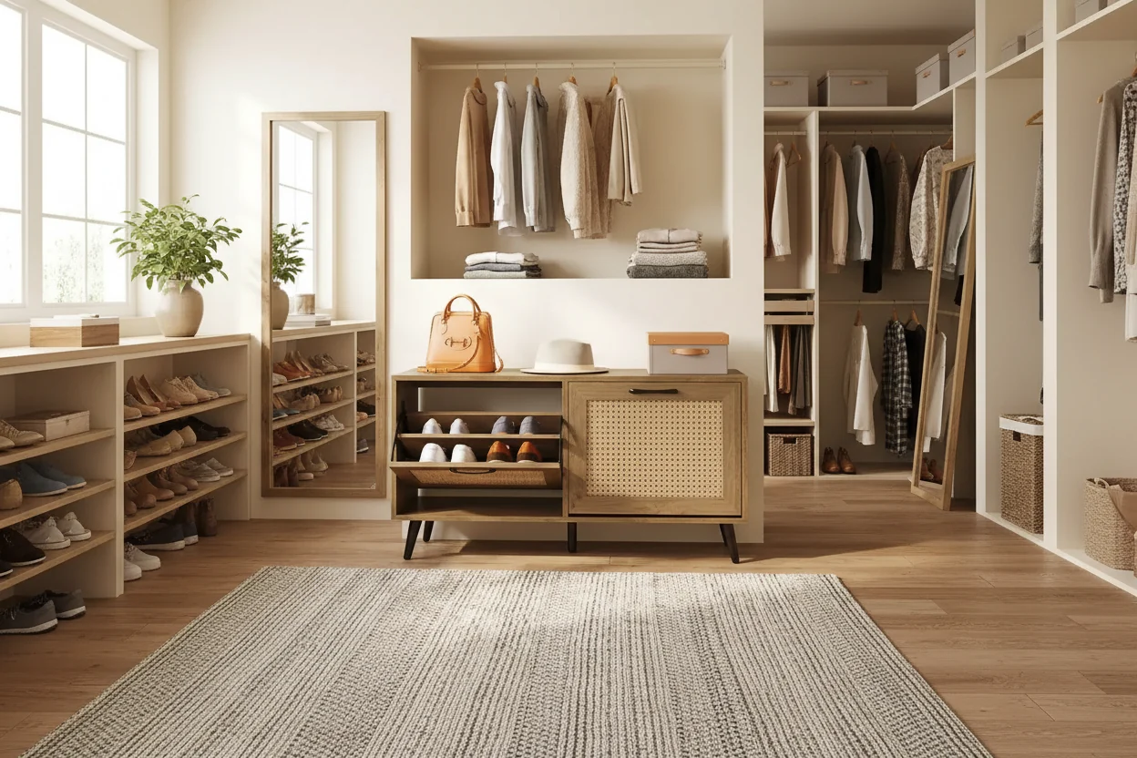 Rattan Shoe Storage Cabinet with 2 Flip Drawers Adjustable Shelves Solid Metal Legs Natural