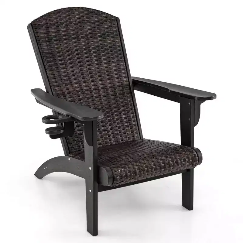 Costway Patio Adirondack Chair with Rattan Padded Seat Wide Armrests & Hidden Cupholder Black/Brown/Gray/White