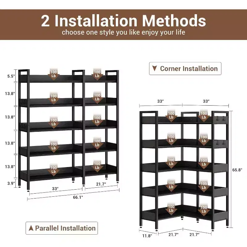 Acekool 5 Tier Convertible Corner Bookshelf, L Shaped Industrial Bookcase, Display Storage Shelf for Living Room Office