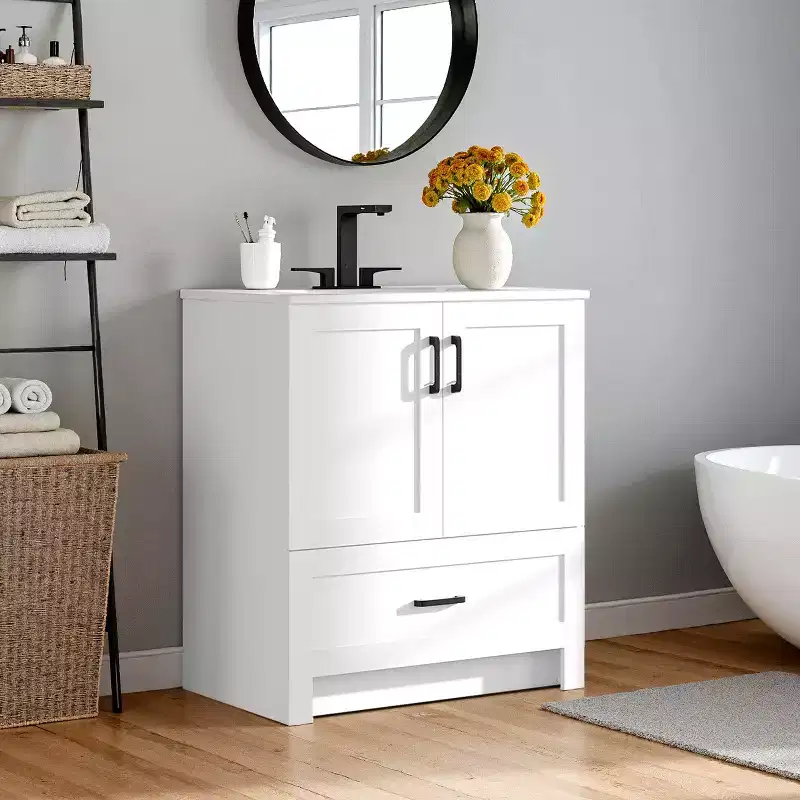 Yaheetech 34inch Tall Modern Freestanding Bathroom Vanity with Sink, White